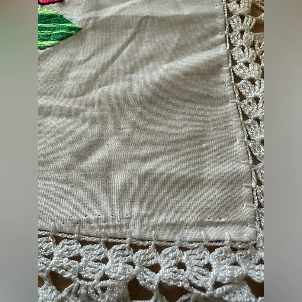 Embroidered Bird & Floral Lace Doily ⚠️ Stains 24 x 21 Large Piece